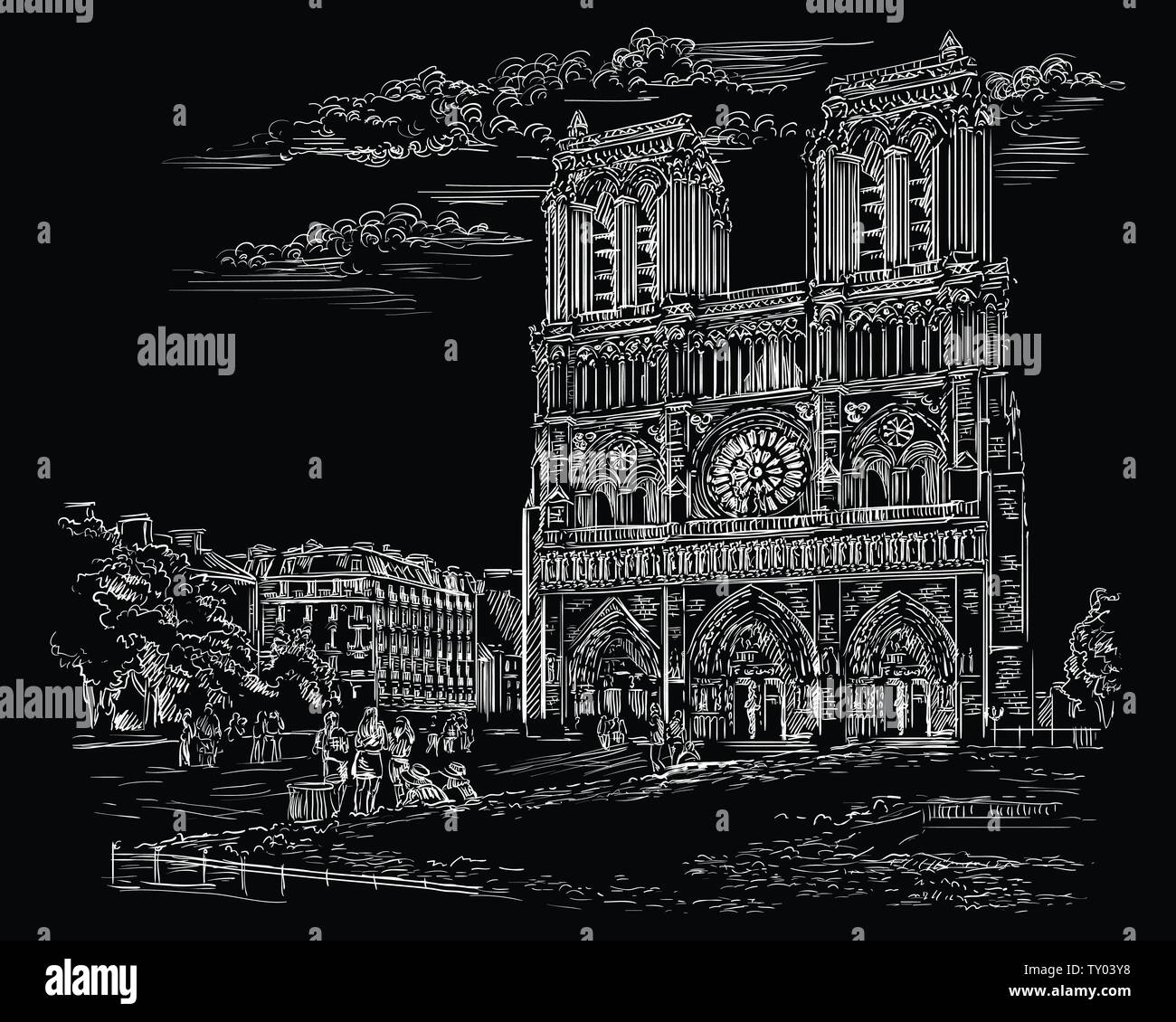 Vector Illustration dessin de la cathédrale Notre-Dame (Paris, France). Monument de Paris. Vue urbaine avec la Cathédrale Notre Dame. Dessin vectoriel Illustration de Vecteur