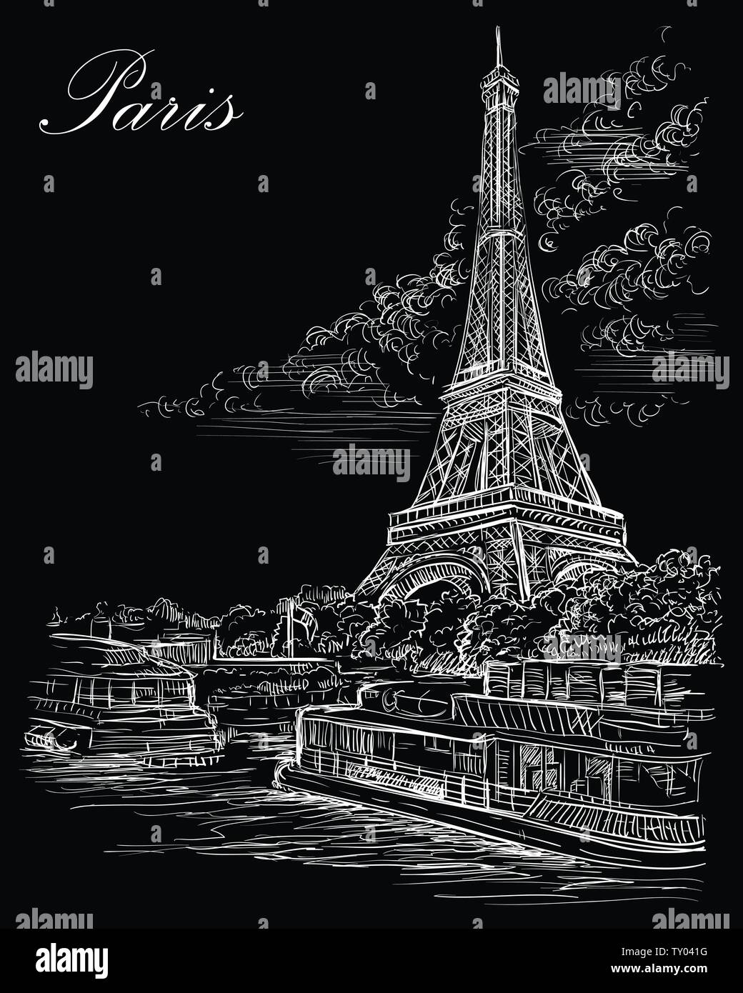Vector Illustration dessin de la Tour Eiffel (Paris, France). Monument de Paris. Vue urbaine avec la Tour Eiffel, vue sur Seine River Embankment. Vect Illustration de Vecteur