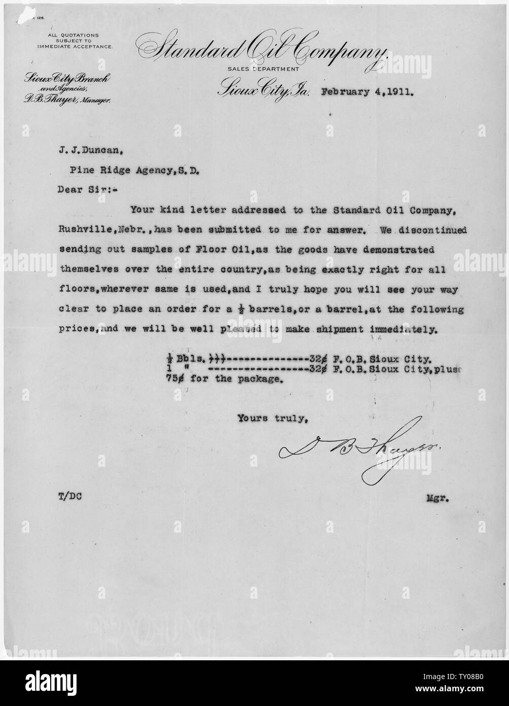 D.B. Thayer, Gestionnaire, Standard Oil Company, Souix City, Iowa, de J.J. Duncan. Banque D'Images