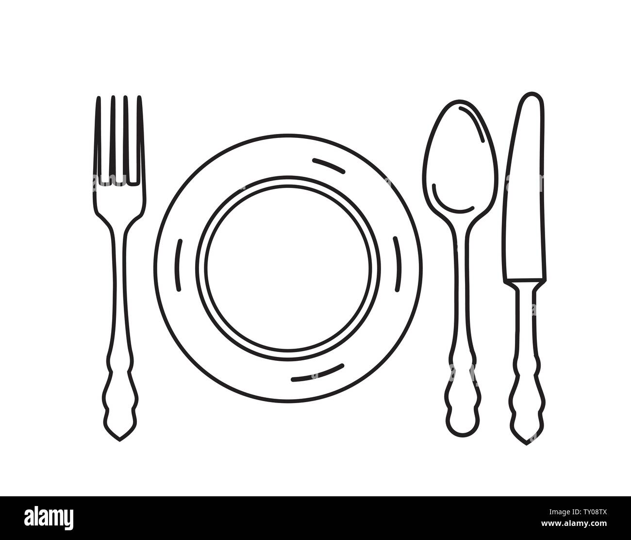 Ensemble de coutellerie. Assiette, fourchette, couteau, cuillère, des  éléments de conception l'icône. L'art de manger jeu de symboles Image  Vectorielle Stock - Alamy
