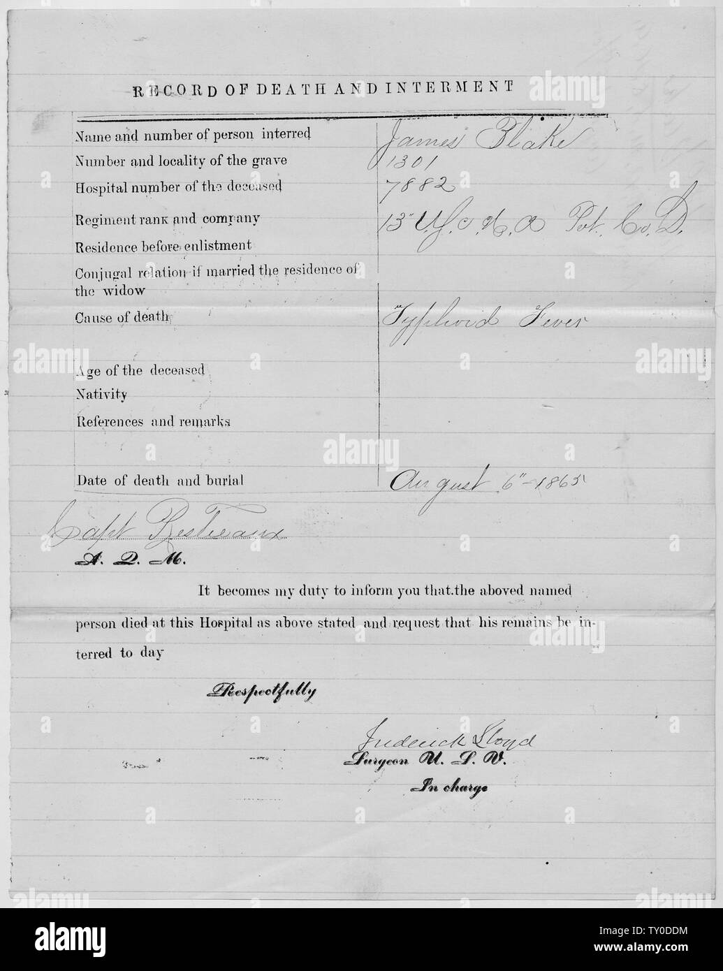 La mort et l'Enterrement Record pour James Blake ; Portée et contenu : Classement : Régiment Privé : 13 : Direction générale des troupes de couleur des Etats-Unis (Réguliers) Unité : Unité : DÉSIGNATION D PLEIN D, United States 13 troupes de couleur (Réguliers) Date de décès : 08/06/1865 Numéro : 1301 sépulture notes générales : Notez que seulement une partie de ce document a été numérisé et mis en ligne. Banque D'Images