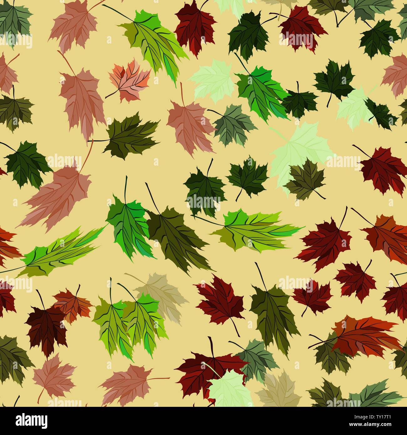 Feuilles d'érable Vector Pattern transparente style automne - rouge, vert et le gingembre jaune. Arrière-plan de gingembre et la texture de la décoration Illustration de Vecteur