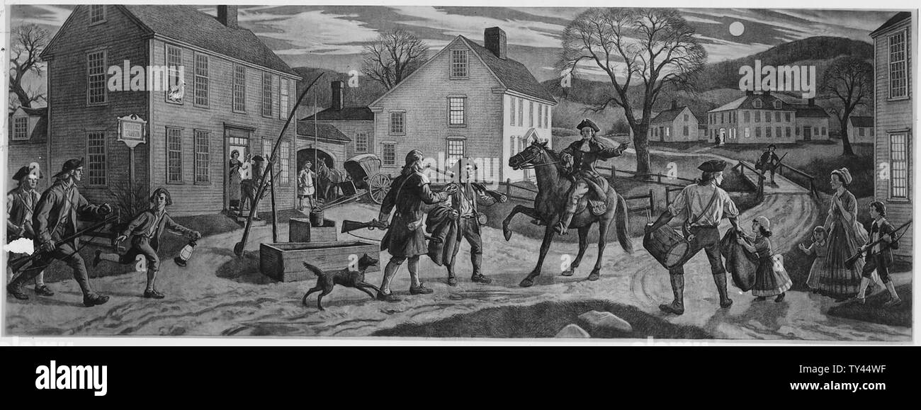 FWA:LRR:Peintures et Sculptures pour les bâtiments publics : tableau représentant le minuit ride de Paul Revere:artiste I.A. Ripley:bureau de poste : direction Lexington Massachusetts Banque D'Images