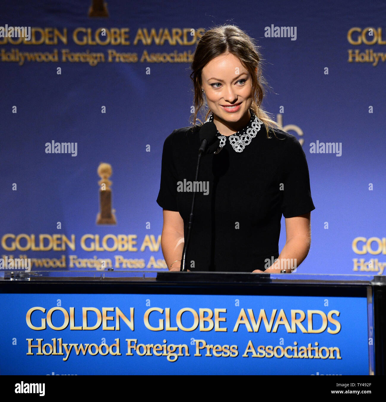 L'actrice Olivia Wilde annonce les nominations pour le 71ième congrès annuel Golden Globe Awards au Beverly Hilton Hotel à Beverly Hills, Californie le 12 décembre 2013. Les gagnants seront annoncés lors d'une émission diffusée sur NBC le 12 janvier 2014. UPI/Jim Ruymen Banque D'Images