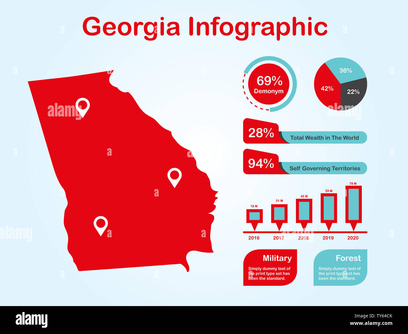 L'État de Géorgie (USA) Plan avec ensemble d'éléments de couleur rouge infographique en fond clair. L'élément graphique de l'information modernes pour votre conception. Banque D'Images