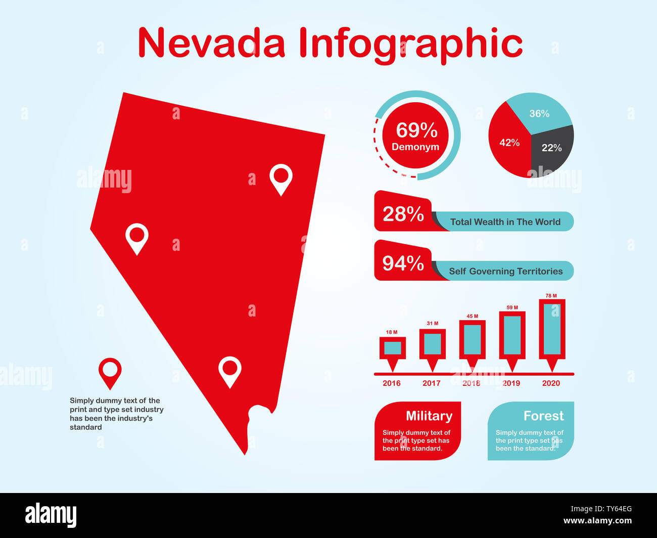 L'État du Nevada (USA) Plan avec ensemble d'éléments de couleur rouge infographique en fond clair. L'élément graphique de l'information modernes pour votre conception. Banque D'Images