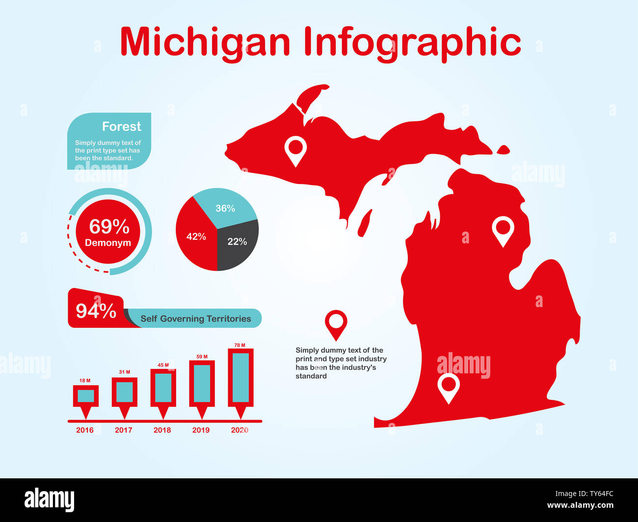 L'État du Michigan (USA) Plan avec ensemble d'éléments de couleur rouge infographique en fond clair. L'élément graphique de l'information modernes pour votre conception. Banque D'Images