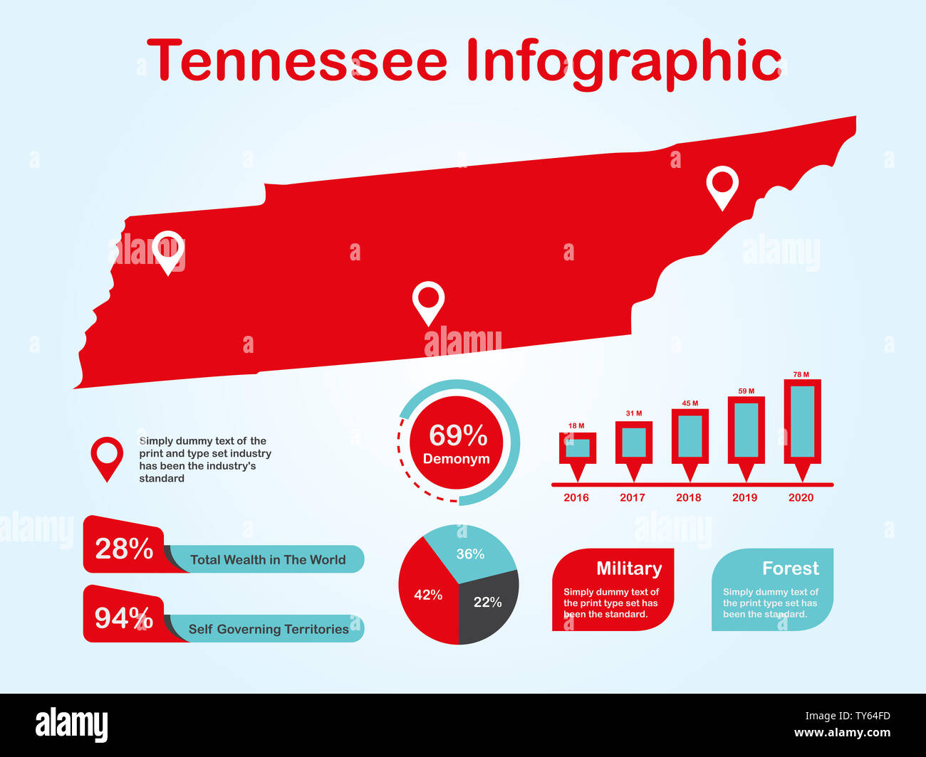 Tennessee State (USA) Plan avec ensemble d'éléments de couleur rouge infographique en fond clair. L'élément graphique de l'information modernes pour votre conception. Banque D'Images