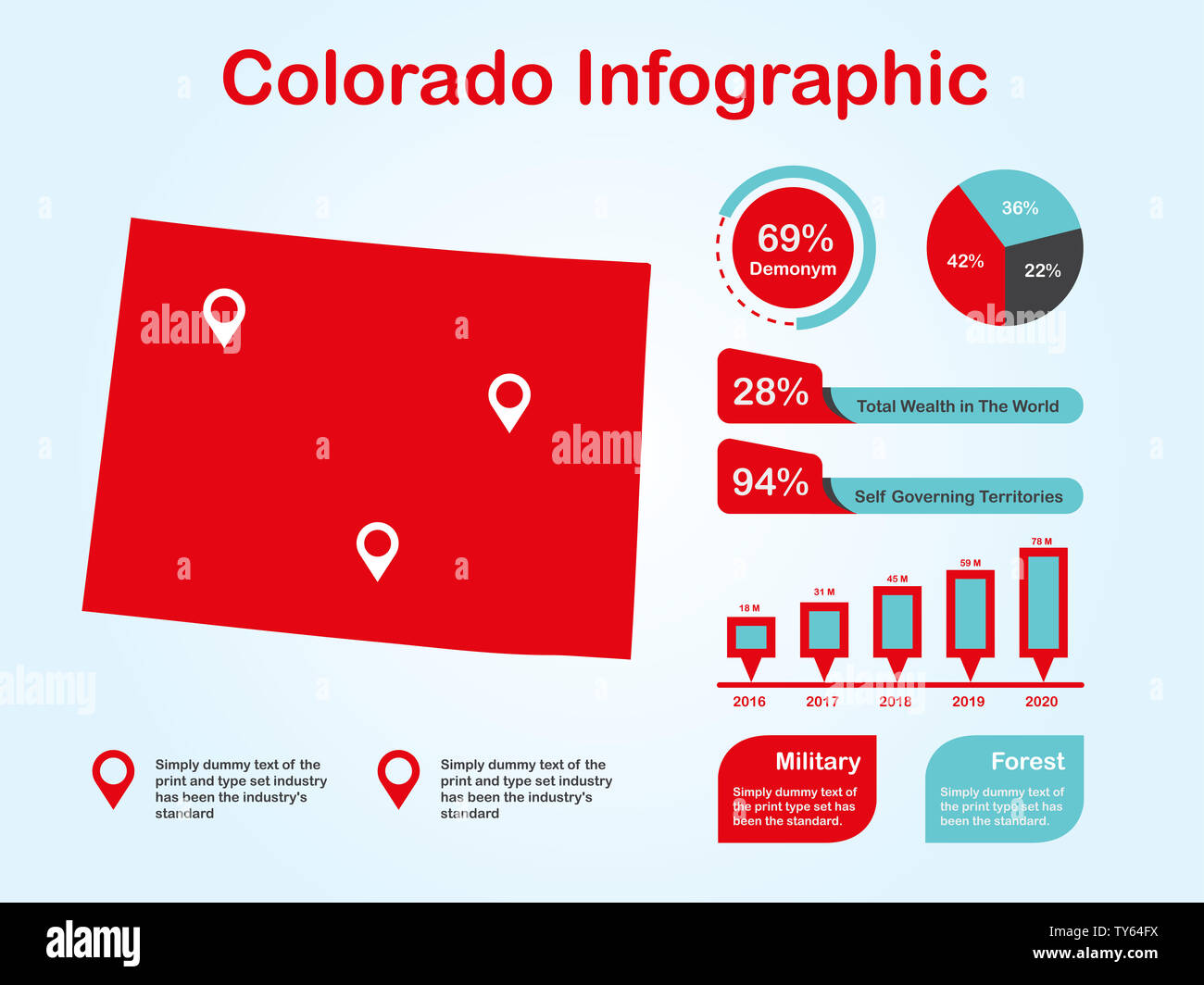 L'État du Colorado (USA) Plan avec ensemble d'éléments de couleur rouge infographique en fond clair. L'élément graphique de l'information modernes pour votre conception. Banque D'Images