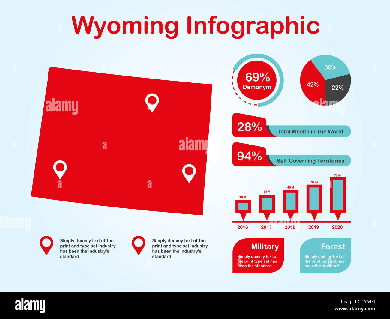 État du Wyoming (États-Unis) Plan avec ensemble d'éléments de couleur rouge infographique en fond clair. L'élément graphique de l'information modernes pour votre conception. Banque D'Images