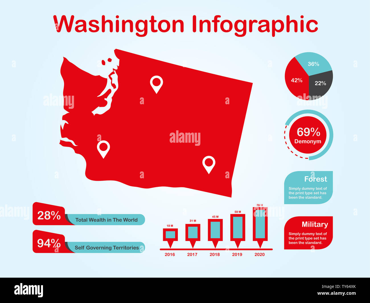 L'État de Washington (USA) Plan avec ensemble d'éléments de couleur rouge infographique en fond clair. L'élément graphique de l'information modernes pour votre conception. Banque D'Images