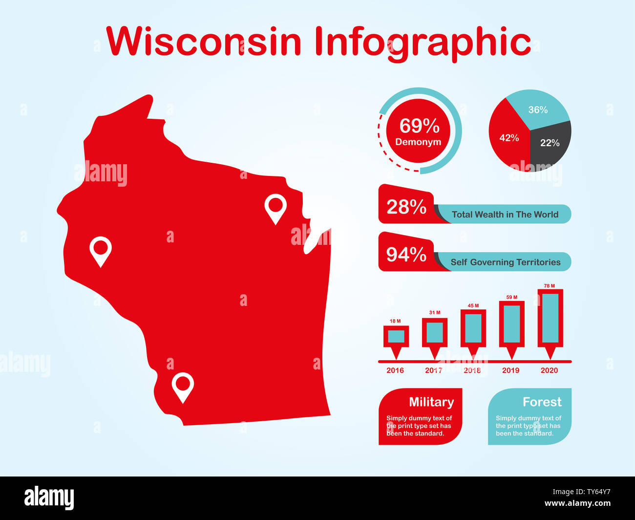 L'État du Wisconsin (USA) Plan avec ensemble d'éléments de couleur rouge infographique en fond clair. L'élément graphique de l'information modernes pour votre conception. Banque D'Images
