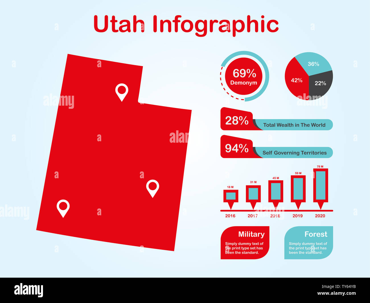 État de l'Utah (USA) Plan avec ensemble d'éléments de couleur rouge infographique en fond clair. L'élément graphique de l'information modernes pour votre conception. Banque D'Images