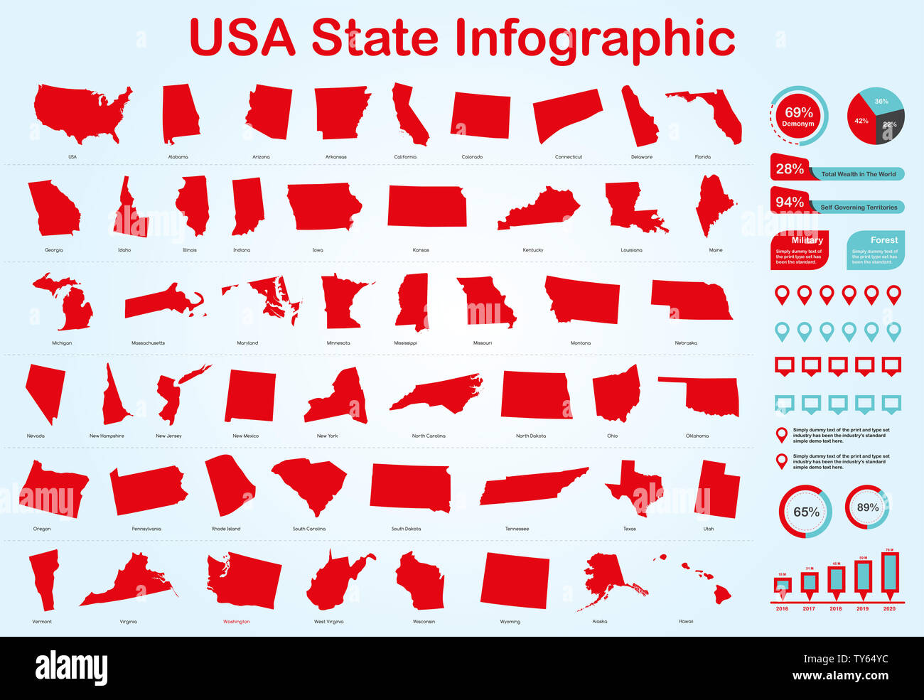 Tous les USA avec jeu de carte de l'État Éléments infographique en couleur rouge sur fond clair. L'élément graphique de l'information modernes pour votre conception. Banque D'Images