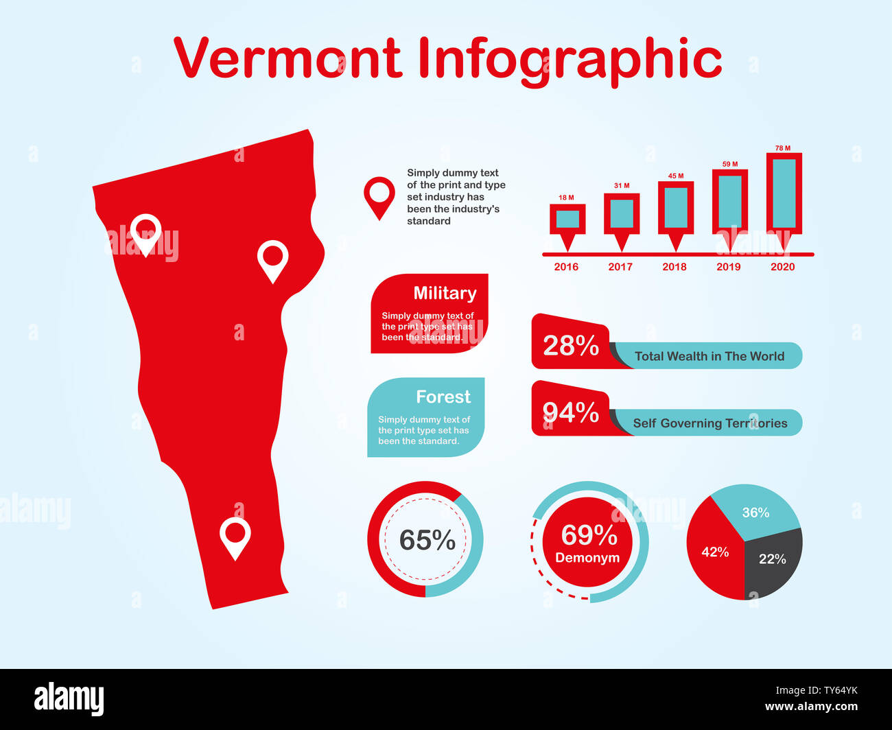 L'État du Vermont (USA) Plan avec ensemble d'éléments de couleur rouge infographique en fond clair. L'élément graphique de l'information modernes pour votre conception. Banque D'Images