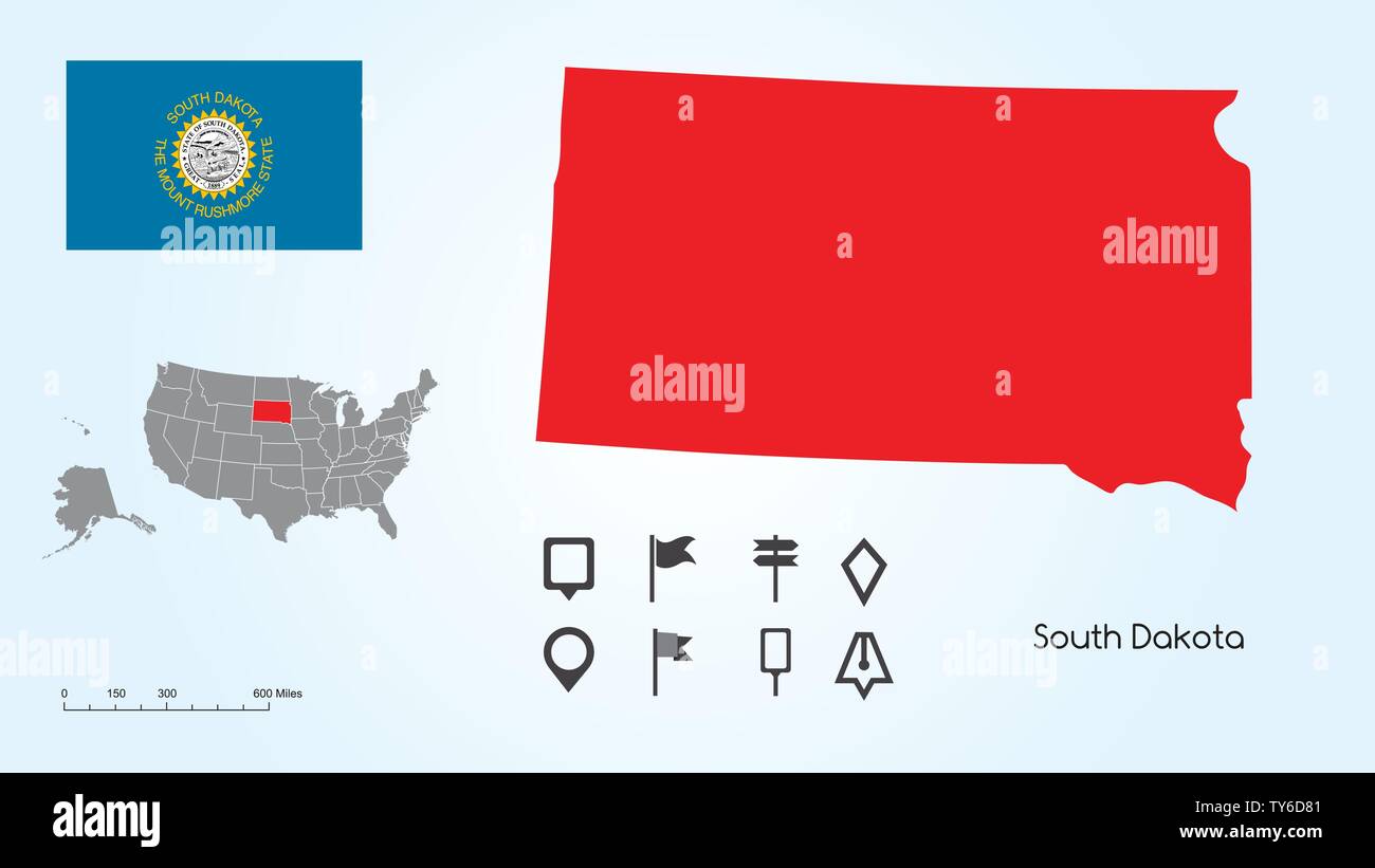 Carte des États-Unis d'Amérique avec l'état sélectionné du Dakota du Sud et le Dakota du Sud drapeau avec Locator Collection. Illustration de Vecteur