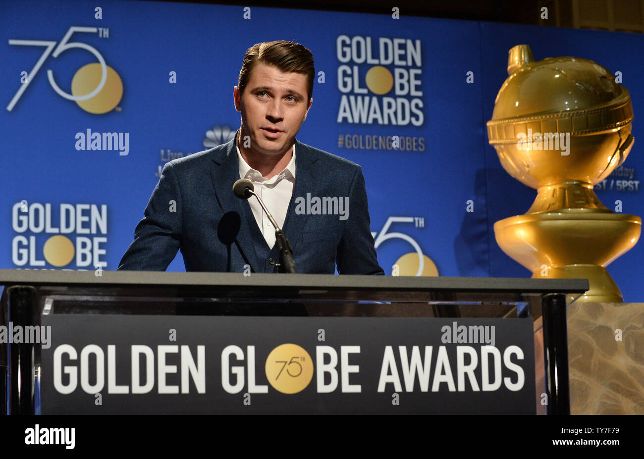 L'acteur Garrett Hedlund annonce les nominés pour la 75e assemblée Golden Globe Awards au Beverly Hilton Hotel à Beverly Hills, Californie le 11 décembre 2017. Photo par Jim Ruymen/UPI Banque D'Images