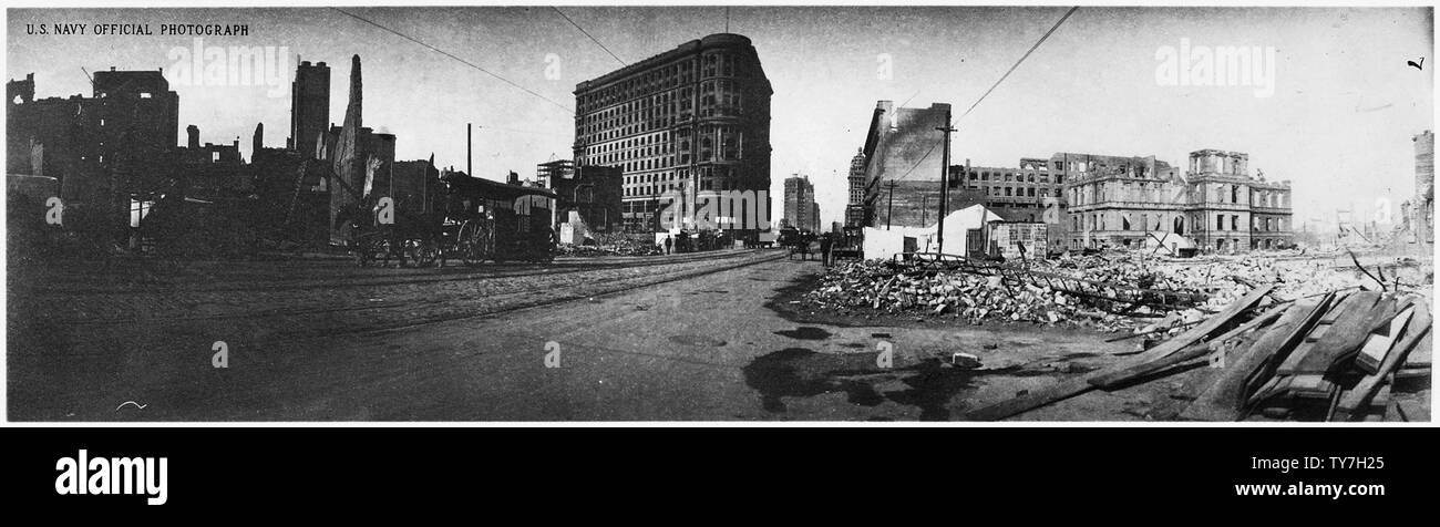 Photographie de paysage de San Francisco pendant le séisme et l'incendie de 1906 ; la portée et contenu : c'est un grand angle de vue. Légende complète : [voir au niveau de la rue, à la rue du marché vers le bas de l'Avenue Van Ness est vers la baie. L'édifice dans le centre de Powell et Market est le bâtiment dont l'intérieur de James Flood ont été détruit par le feu. Dans la distance, sont la Banque mutuelle d'épargne( Kearney et rues du marché) et l'Cluas Spreckels Bâtiment (troisième et Market Streets). Sur le marché de la rue James Flood Building est l'Emporium et à l'extrême droite du Rhône est le la monnaie bui Banque D'Images