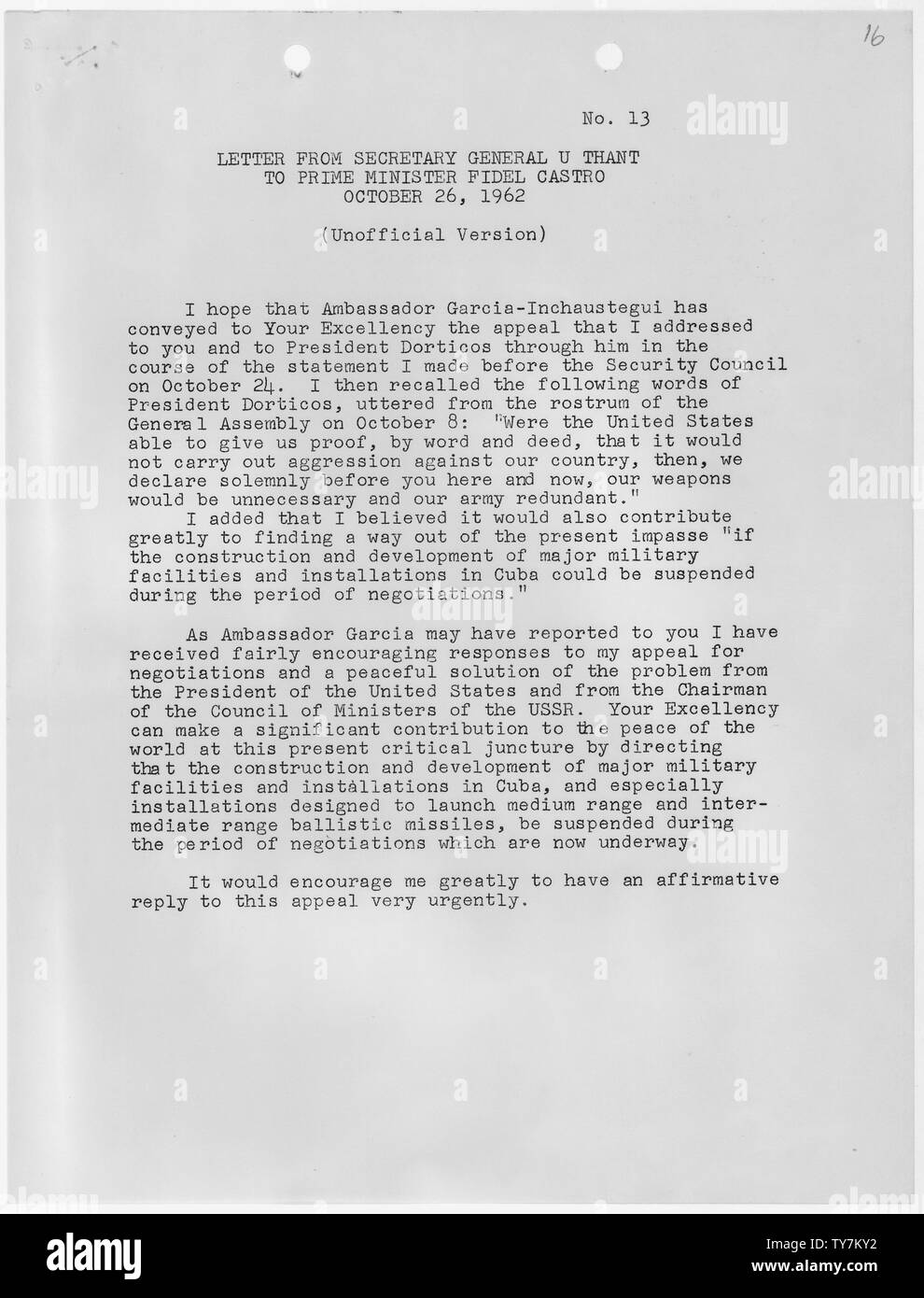 Lettre du Secrétaire général U Thant à premier ministre Fidel Castro, le 26 octobre 1962 Banque D'Images
