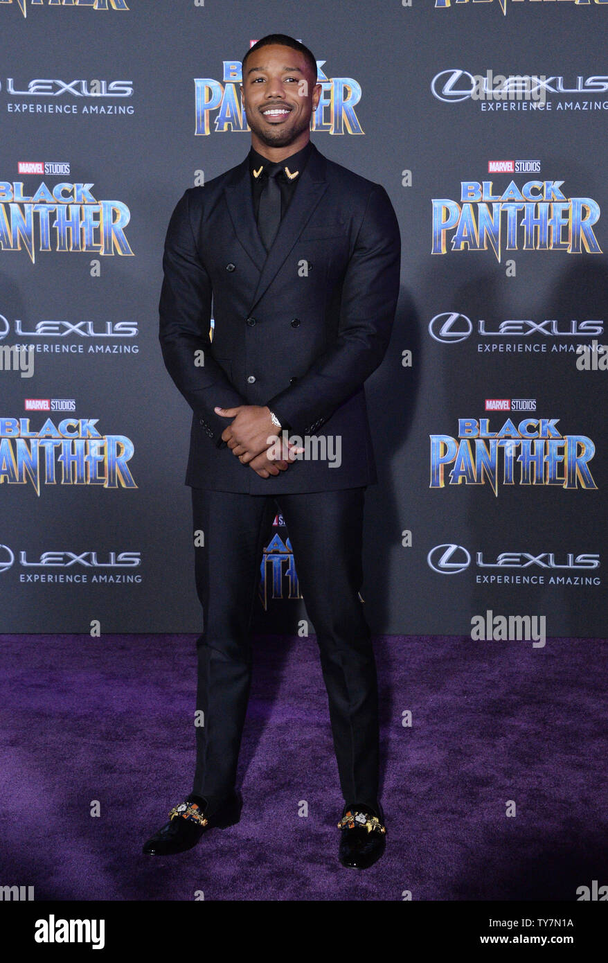 Acteur Michael B. Jordan assiste à la première de the motion picture sci-fi  'Black Panther' au Kodak Theater dans la section Hollywood de Los Angeles  le 29 janvier 2018. Scénario : T'Challa,