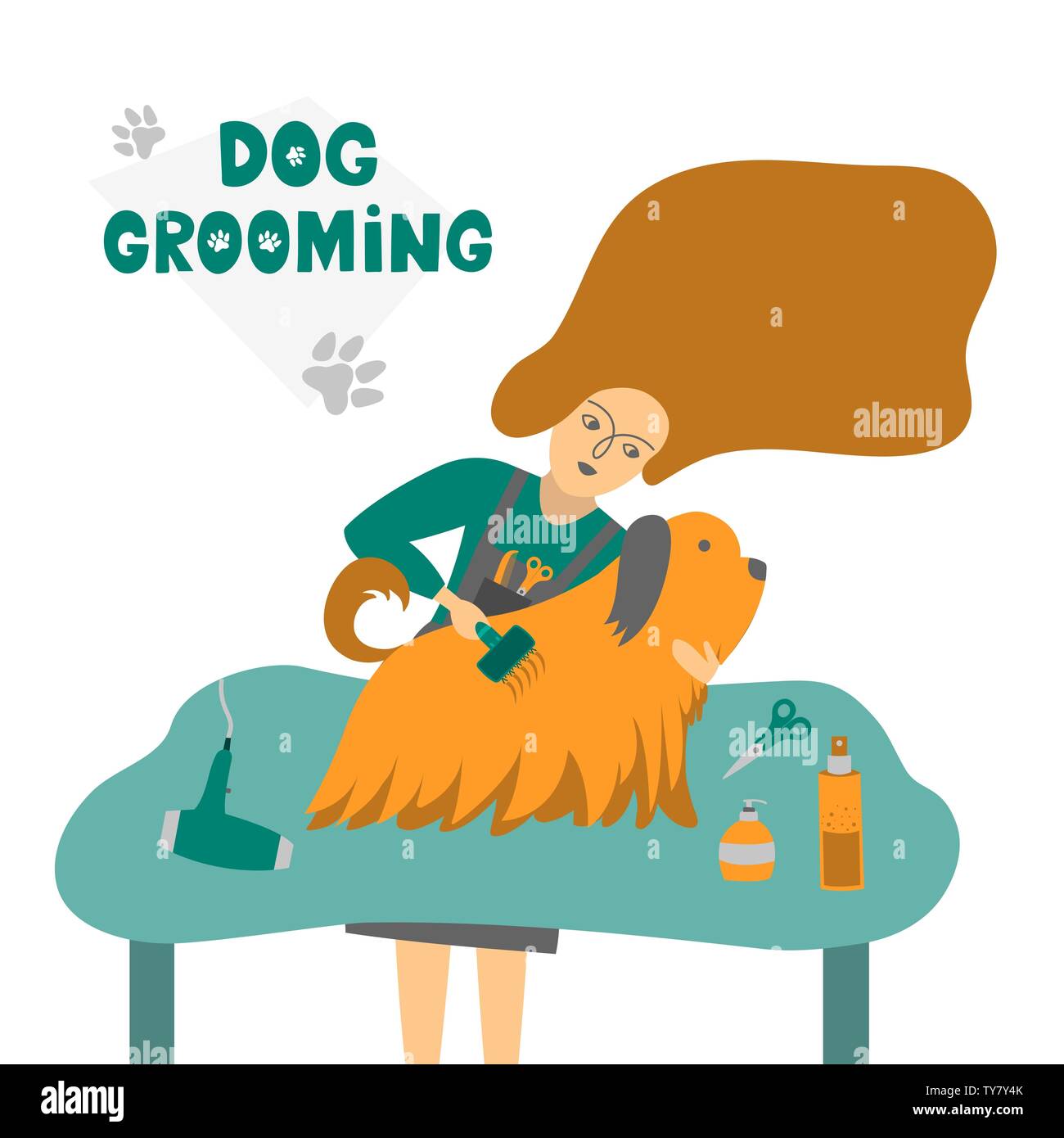 Au salon de toilettage chien mignon.Vector illustration pour animal de coiffure, stylisme et de toilettage boutique, magasin d'animaux pour chiens et chats. Illustration de Vecteur