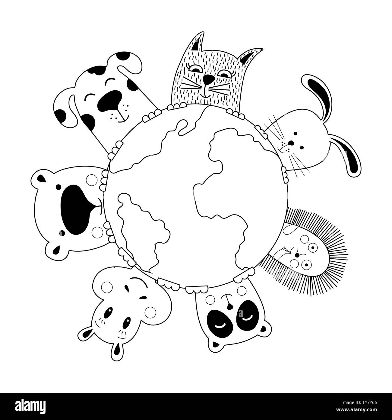 Banniere Avec Chat Chien Panda Ours Hippopotame Le Lapin Et Le Herisson Journee Mondiale Des Animaux Doodle Style Vector Illustration Image Vectorielle Stock Alamy
