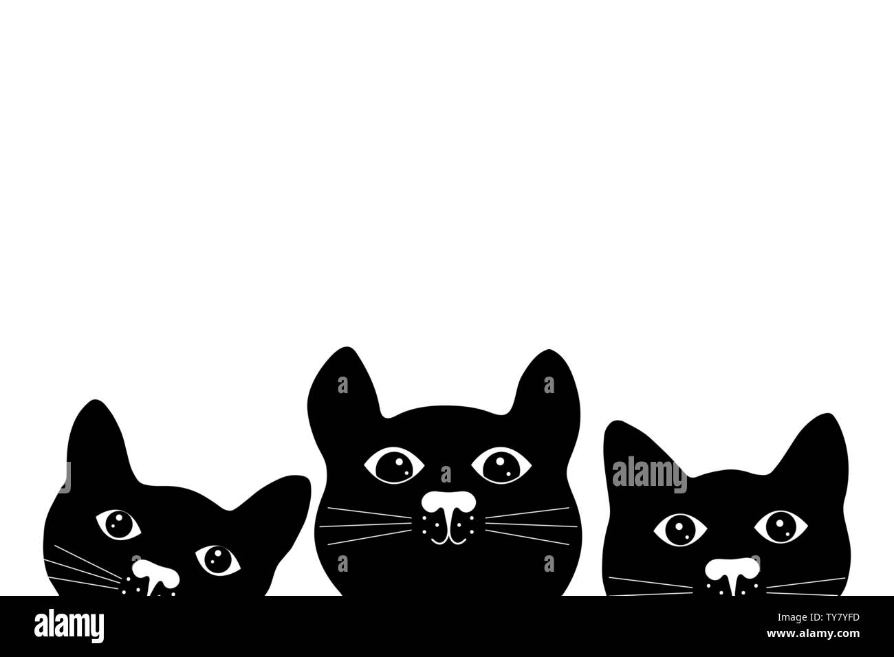 Chat noir mignon trois visages. Silhouette de chats sur fond blanc. Illustration de Vecteur