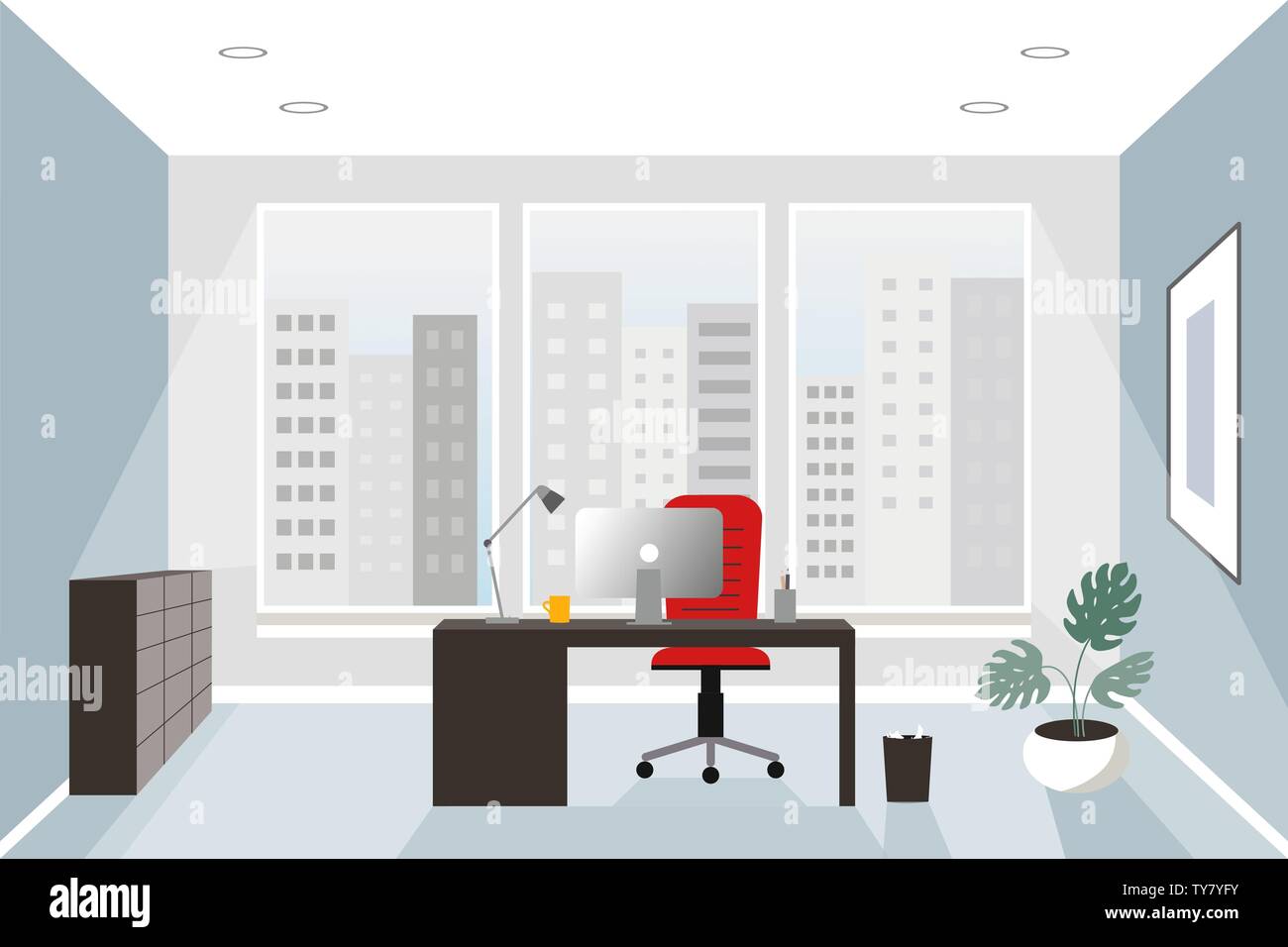 Office interior concept. Style plat. Espace d'affaires moderne avec meubles de bureau : président, bureau et ordinateur. Vector illustration. Illustration de Vecteur