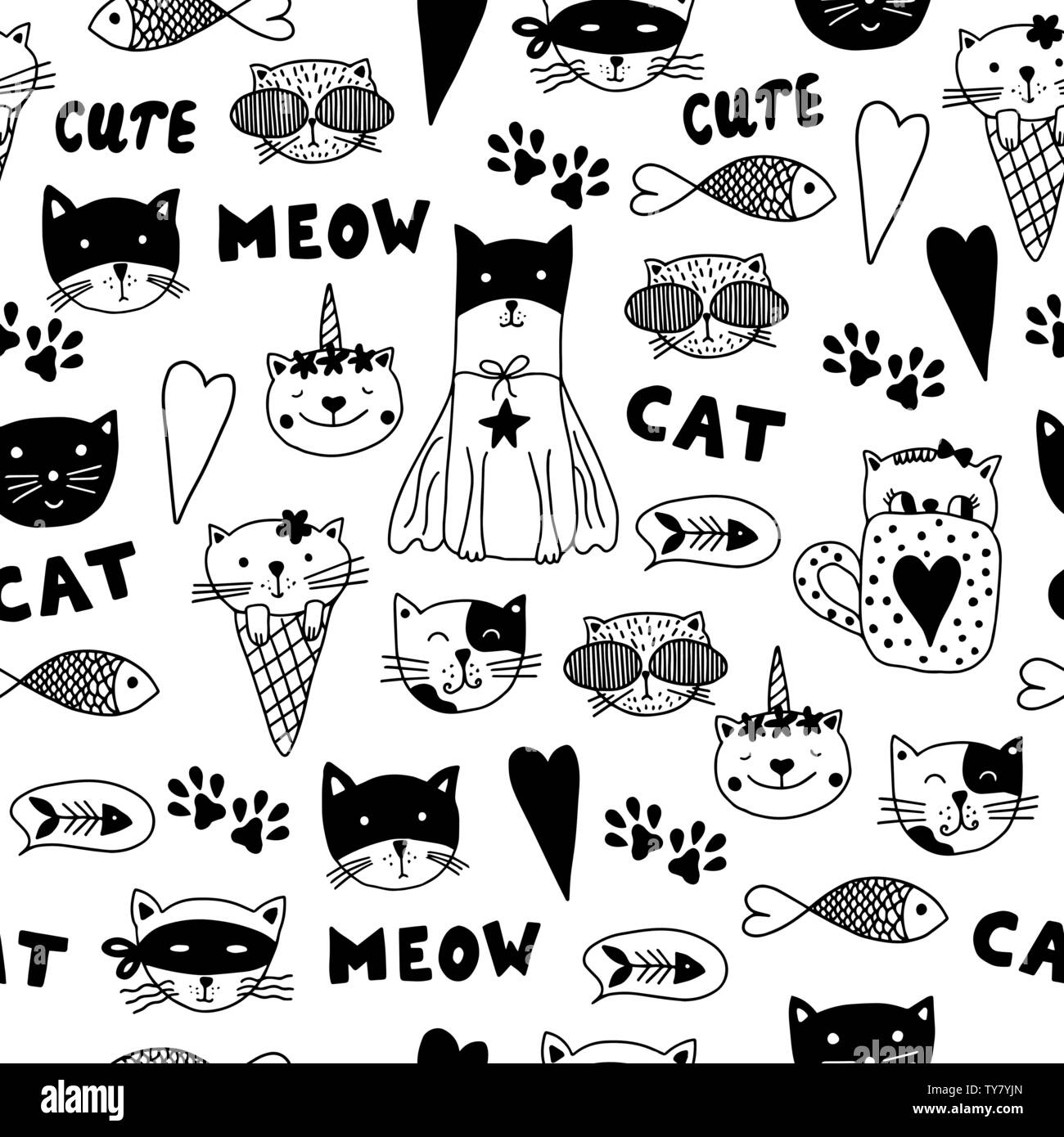 Modèle sans couture avec doodle cats. Noir et blanc animaux dessinés à la main. Peut être utilisé pour des livres pour enfants, site web, fond d'arrière-plan, de l'emballage. Illustration de Vecteur