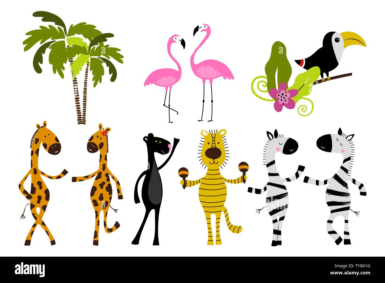 Animaux de la jungle et de palmiers. Cartoon zèbre, girafe, Flamingo, panda, tigre. Peut être utilisé pour la protection de l'ouvrage, d'impression de t-shirts, affiches, carte de vœux. Illustration de Vecteur