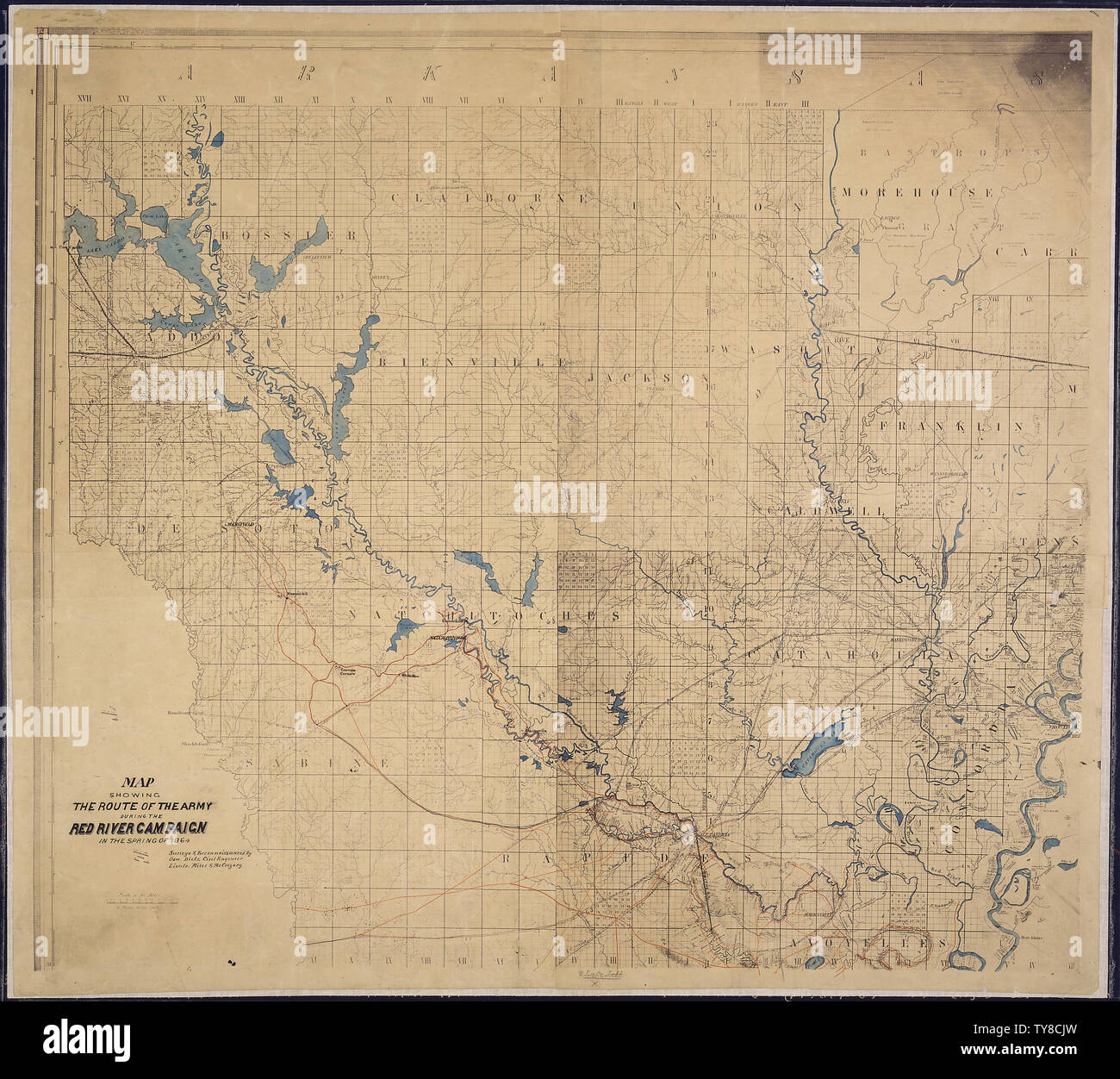 Carte montrant l'itinéraire de l'armée pendant la campagne de la rivière Rouge au printemps de 1864. Etudes & Reconnoissances par Osw. Dietz, ingénieurs civils, [et] Lieuts. Miles & McGregory. Banque D'Images
