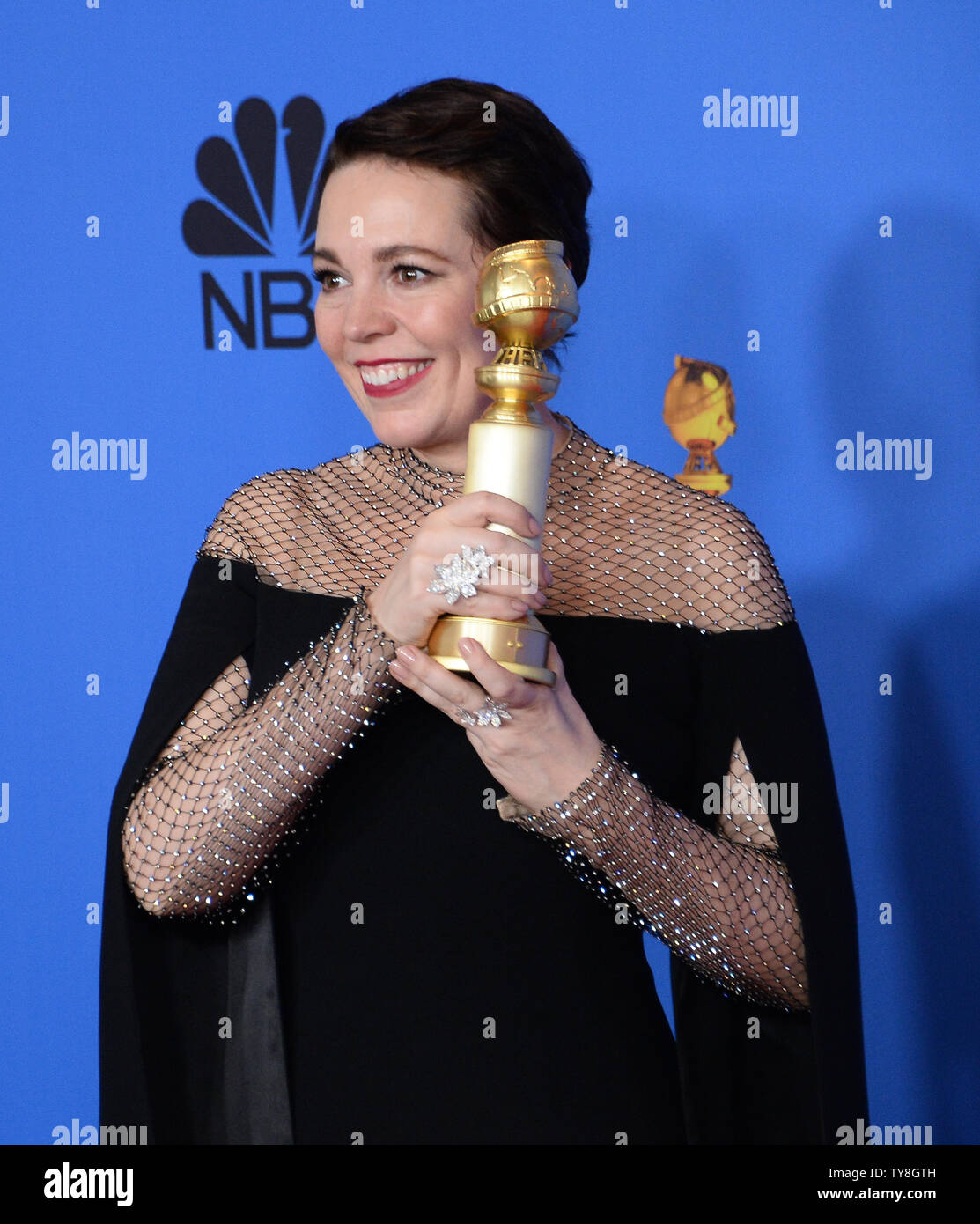 Olivia Colman backstage acteur apparaît après avoir remporté le prix de la meilleure actrice dans un film musical ou une comédie pour 'la Favorite' au cours de la 76e Golden Globe Awards au Beverly Hilton Hotel à Beverly Hills, Californie le 6 janvier 2019. Photo par Jim Ruymen/UPI Banque D'Images