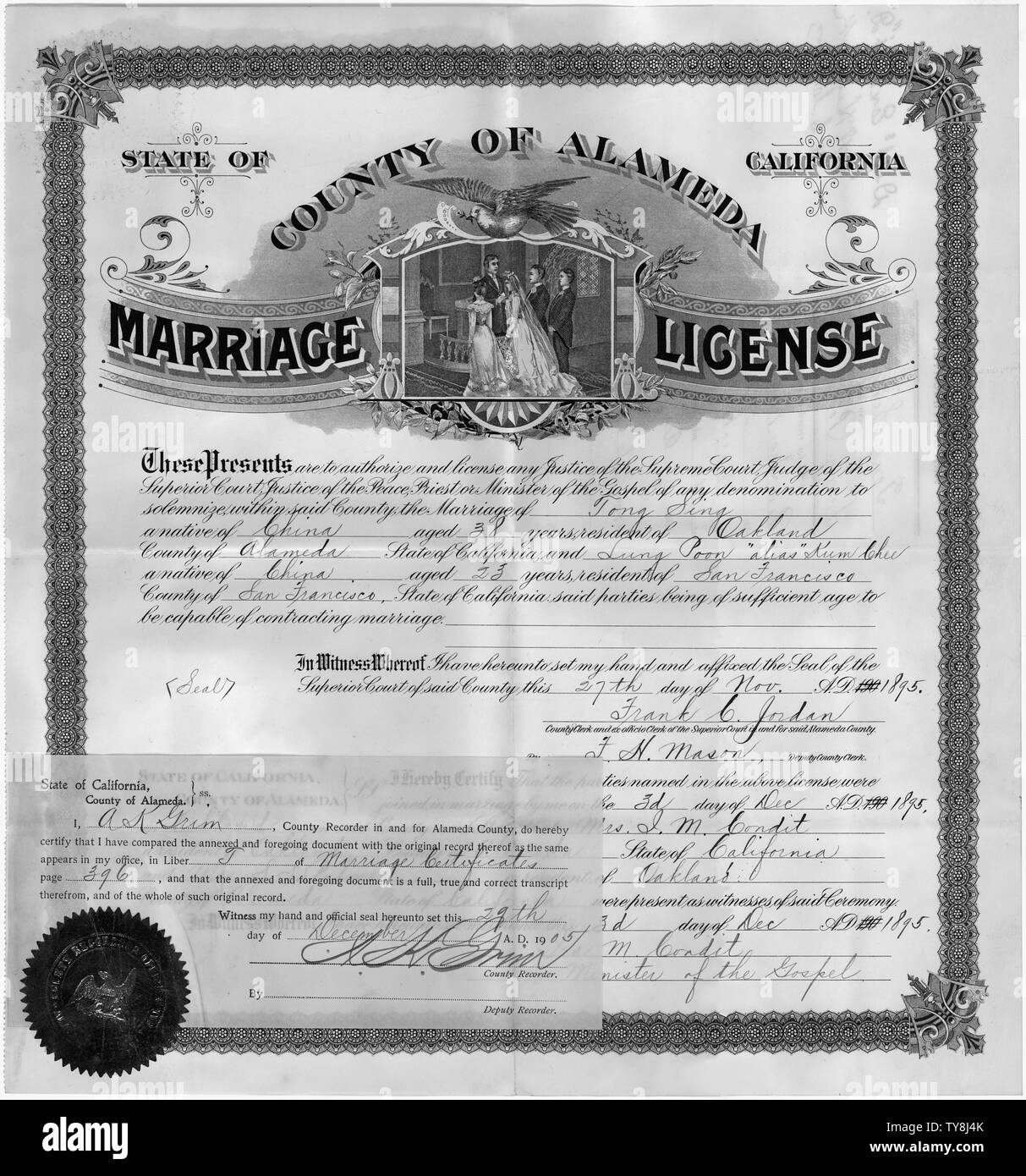 Liscense et Certificat de mariage pour chanter et Tong Poon pulmonaire (alias Kum Chee) ; la portée et contenu : Na Lay est une femme chinoise arrêtées pour prostitution et sous la menace d'une déportation. Inclus dans le dossier contenant ce document sont depostions auprès de personnes qui l'ont connue dans la région de San Francisco. Na Lay est connu aux États-Unis par le nom de l'ouest Annie Kum Chee. Banque D'Images Liscense et Certificat de mariage pour chanter et Tong Poon pulmonaire (alias Kum Chee) ; la portée et contenu : Na Lay est une femme chinoise arrêtées pour prostitution et sous la menace d'une déportation. Inclus dans le dossier contenant ce document sont depostions auprès de personnes qui l'ont connue dans la région de San Francisco. Na Lay est connu aux États-Unis par le nom de l'ouest Annie Kum Chee. Banque D'Images