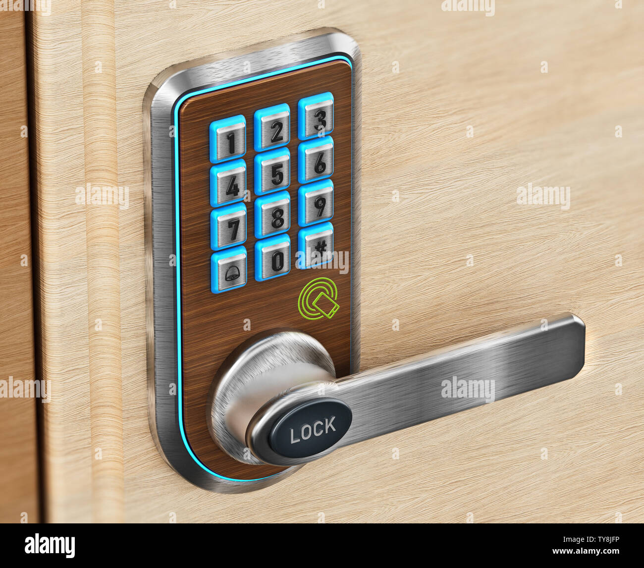 La sécurité numérique clavier et le bouton de porte. 3D illustration. Banque D'Images