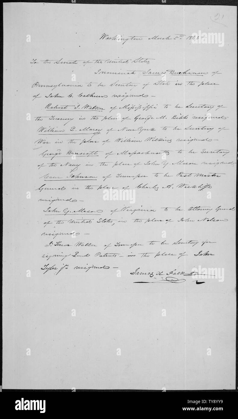 Message du président James Polk la nomination de son cabinet, dont James Buchanan en tant que secrétaire d'État, Robert J. Walker à titre de secrétaire au Trésor, William L. Marcy comme secrétaire à la guerre, George Bancroft comme secrétaire de la Marine, Cave Johnson comme chef de bureau de Poste Général, et John Y. Mason comme procureur général, 03/05/1845 Banque D'Images