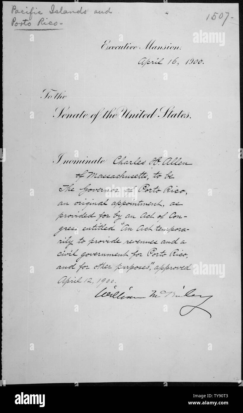 Message du Président William McKinley nommer Charles H. Allen pour être Gouverneur de Porto Rico, 04/16/1900 Banque D'Images