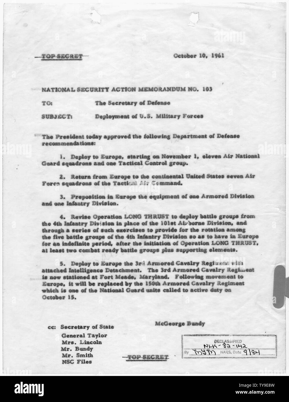 Action de sécurité nationale Note n° 103 Le déploiement de forces militaires américaines ; la portée et contenu : Note pour le secrétaire de la Défense sur le déploiement des forces armées des États-Unis. Banque D'Images