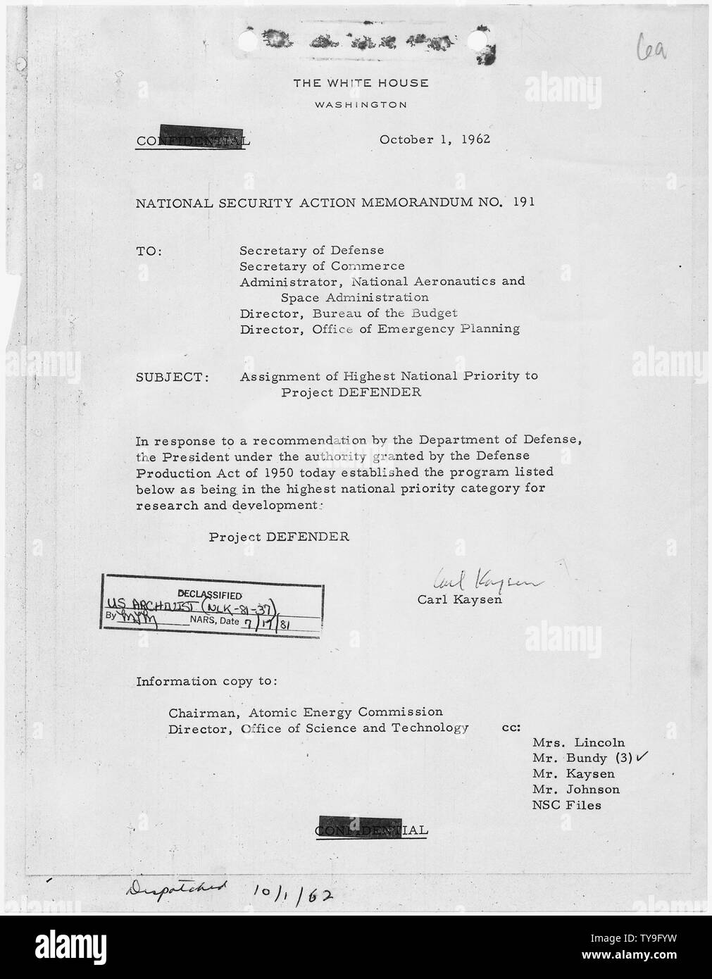 Action de sécurité nationale Note n° 191 Affectation de plus haute priorité nationale au défenseur du projet ; la portée et contenu : Note pour le secrétaire de la défense et d'autres sur l'engagement du Président de défenseur du projet. Banque D'Images