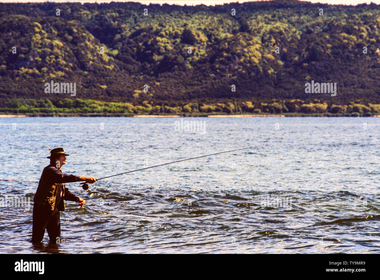 Nouvelle Zélande, île du Nord. Man fishing in Lake Taupo, un relevé des stocks de pêche de la truite et de la truite brune introduit. Photo : © Simon Grosset. Banque D'Images