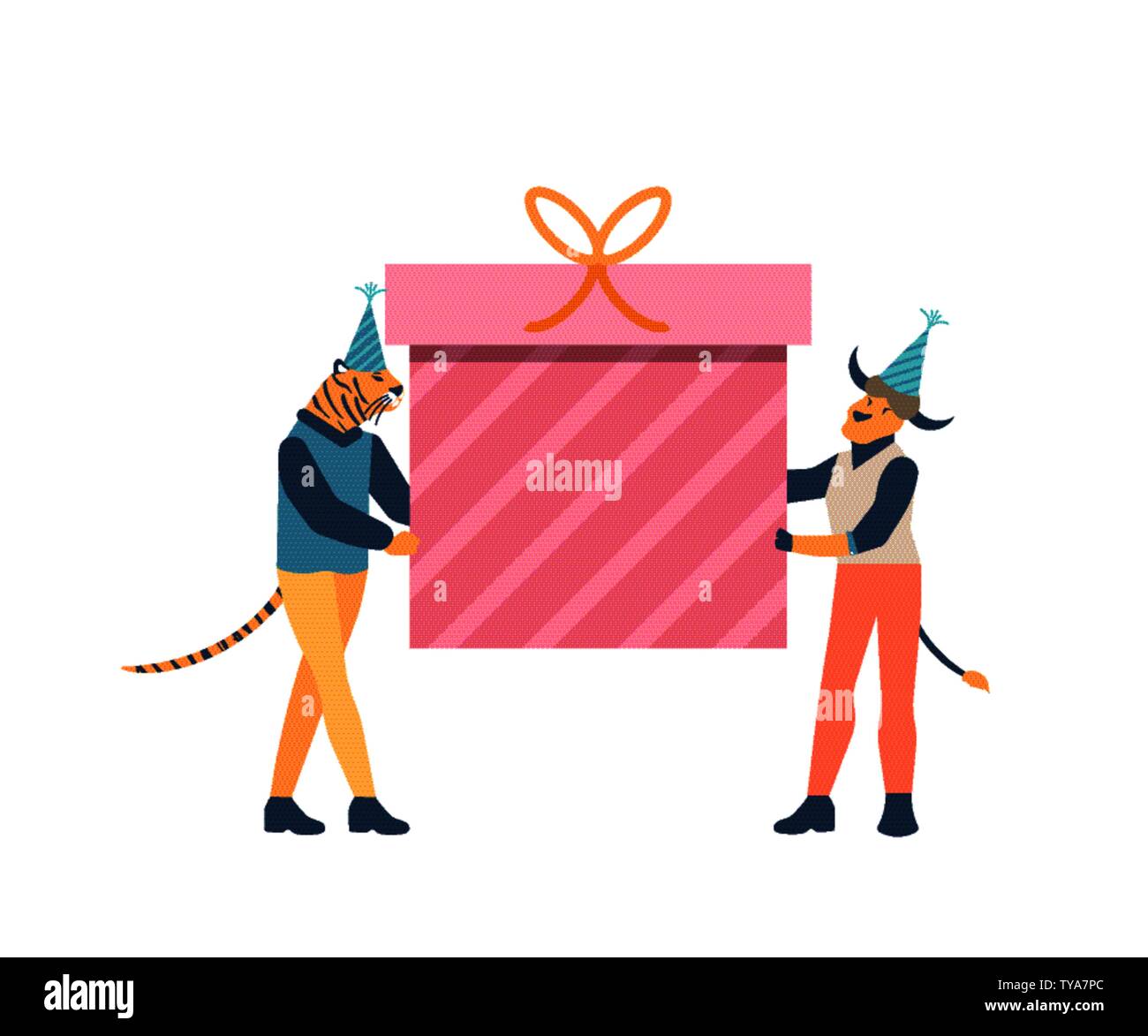 Les caractères des animaux dans les chapeaux d'anniversaire holding big boîte-cadeau avec ruban. Les collègues sont prêts à féliciter quelqu'un avec maison de vacances. Vector design pour carte postale, carte de vœux isolé sur fond blanc. Illustration de Vecteur