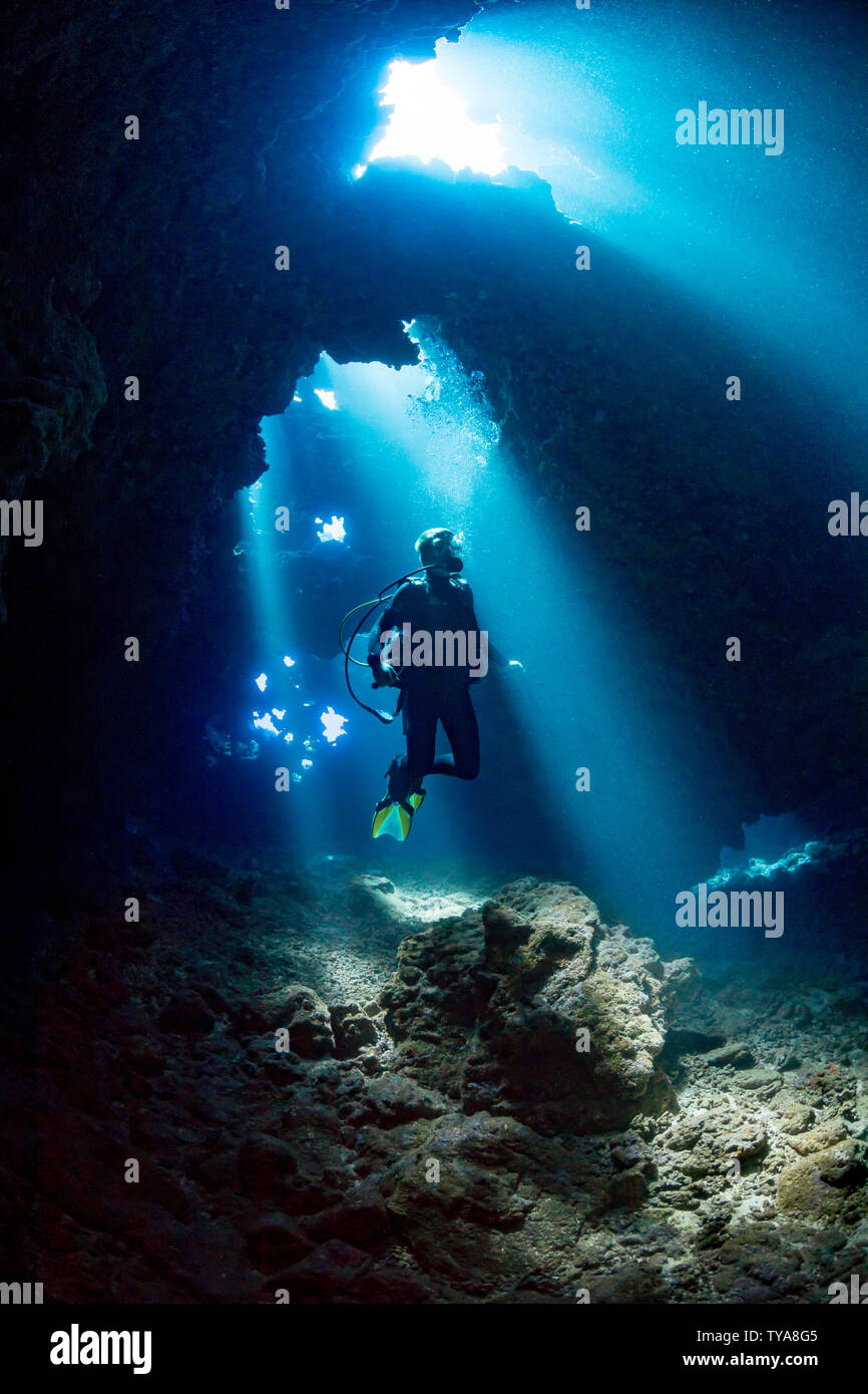 Diver (MR) sur la photo à l'intérieur d'une caverne connue sous le nom de première cathédrale à l'extérieur de l'île de Lanai, Hawaii. Banque D'Images