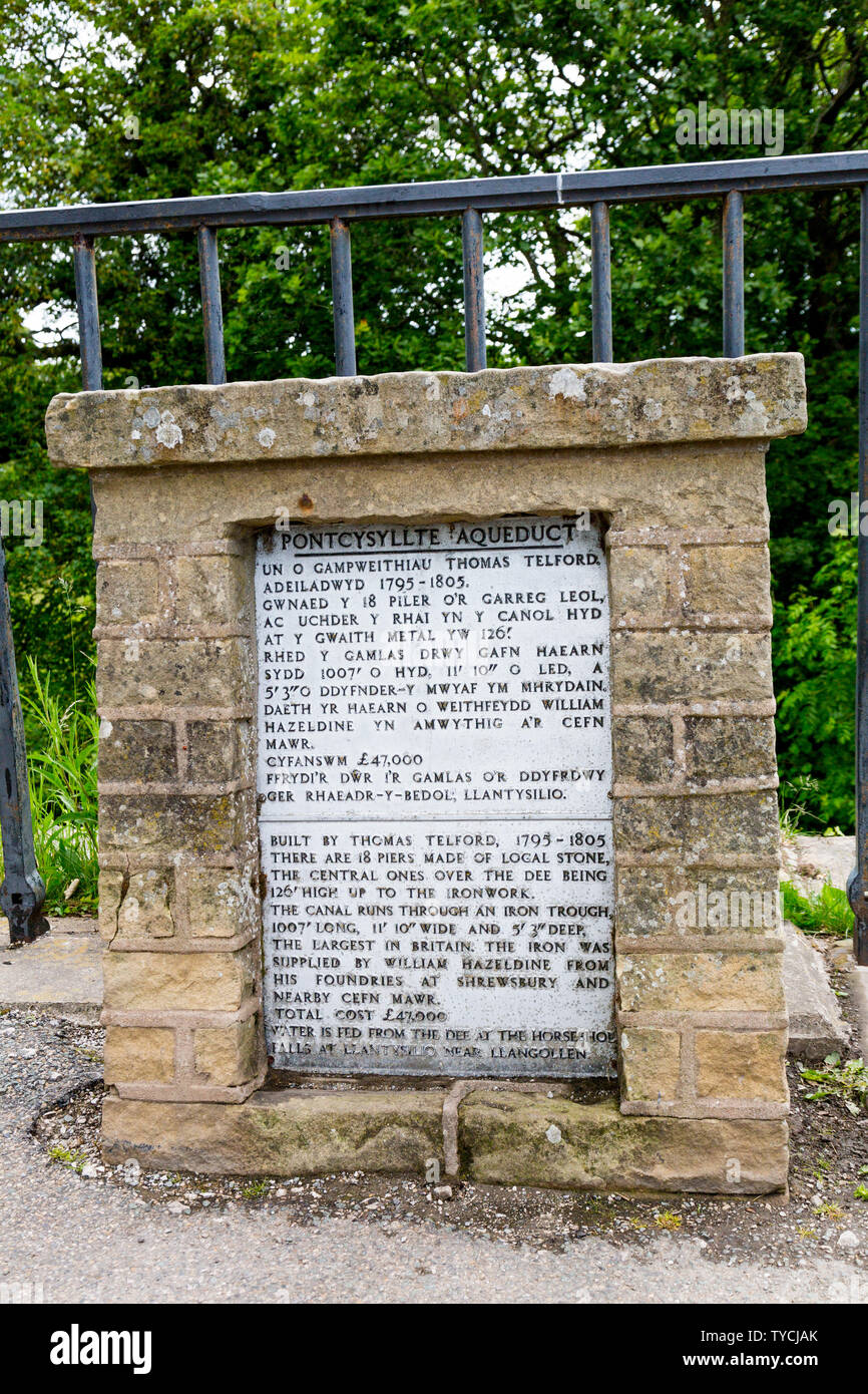 Plaque de métal donnant les détails de l'aqueduc de Pontcysyllte au bassin de Trevor sur le sentier du canal de Llangollen, Clwyd, Pays de Galles, Royaume-Uni Banque D'Images