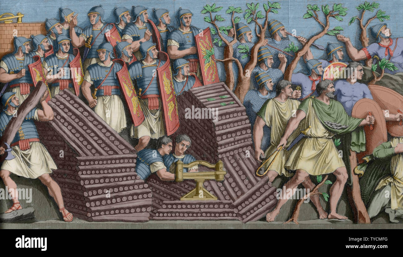 L'histoire par Polybe. Le volume II. Édition française traduit du grec par Dom Vincent Thuillier. Commentaires de la science militaire enrichi de notes historiques et critiques par M. De Folard. Paris, chez Pierre Gandouin, Julien-Michel Gandouin, Pierre-François Giffart et Nicolas-Pierre Armand, 1727. L'impression par Jean-Baptiste Lamesle. Trajan's 72038 guerres. 2ème ANNONCE de siècle. Gravure représentant des franchises la colonne Trajane. Scène d'armée romaine. Plus tard la couleur. Banque D'Images