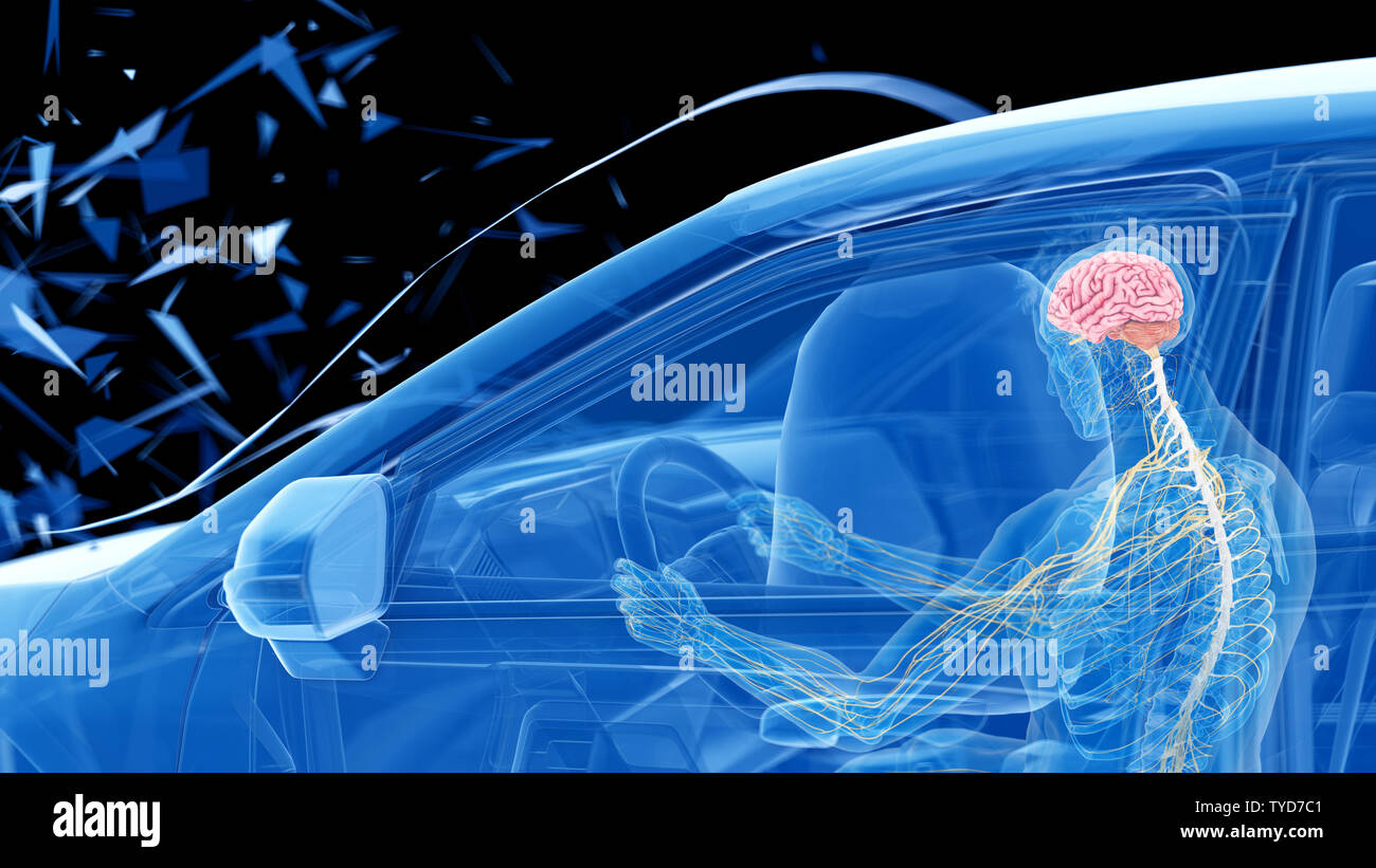 Rendu 3d illustration de deux voitures en collision - illustrant l'effet d'un choc avec airbag Banque D'Images