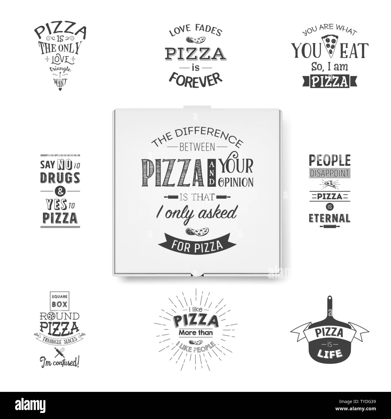 3d Vector blanc vierge réaliste boîte à pizza modèle avec des guillemets typographiques libre isolé sur fond blanc. Immersive pour Logo, Corporate Design Illustration de Vecteur