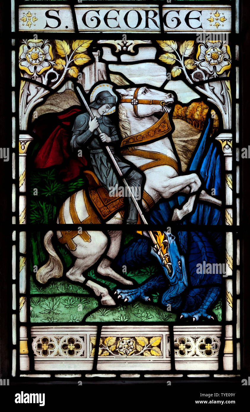 Vitrail de Saint George, l'église Saint-Michel, Hallaton, Leicestershire, England, UK Banque D'Images