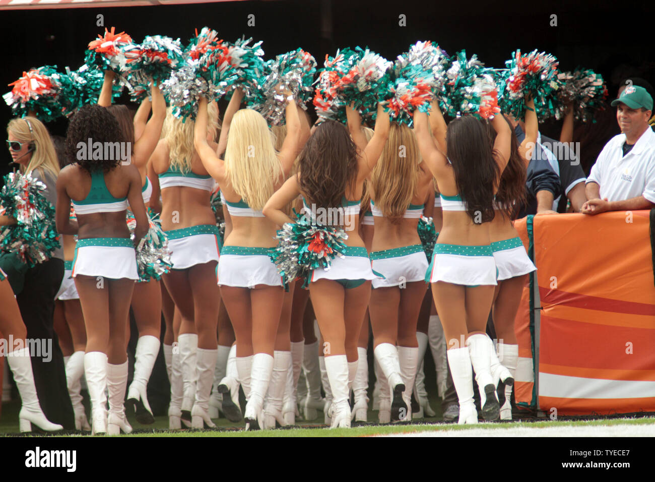 Miami Dolphins cheerleaders laisser le champ au cours de premier semestre, d'action entre les dauphins de Miami, et les Bills de Buffalo le 20 novembre 2011 au Sun Life Stadium de Miami, en Floride. . UPI/Susan Knowles. Banque D'Images