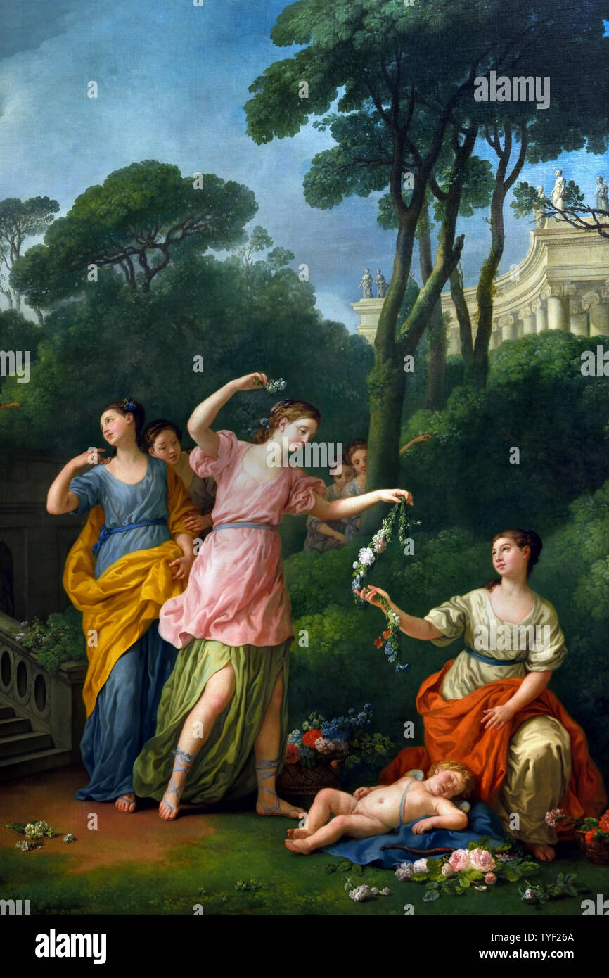 Les jeunes gens grecque avec des fleurs amour endormi amant couronnant sa maîtresse de la poignée. En 1773 Joseph Marie VIEN, 1716 - 1809, France, Français, Banque D'Images