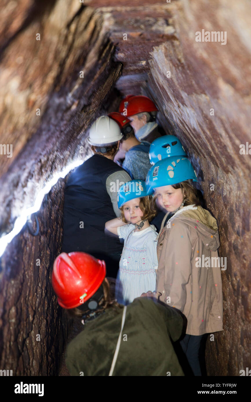 Tour guide en white hat et de guider un groupe d''Exeter autour des passages souterrains et des tunnels, destination intéressante en famille de ces anciennes couper et couvrir de tunnel. Exeter. Royaume-uni (109) Banque D'Images