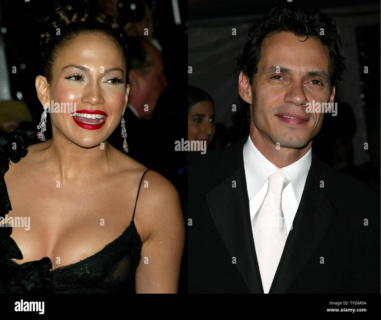 Jennifer Lopez et Marc Anthony illustré séparément à la Metropolitan Museum of Art Costume Ball le 26 avril 2004 à New York, où se sont mariés le 5 juin 2004, à l'accueil de Mme Lopez dans L.A.C'est Lopez 3ème et Anthony 2e mariage. (Photo d'UPI/Laura Cavanaugh) Banque D'Images